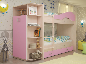 Кровать 2-х ярусная Мая с ящиками и шкафом на латофлексах розовый